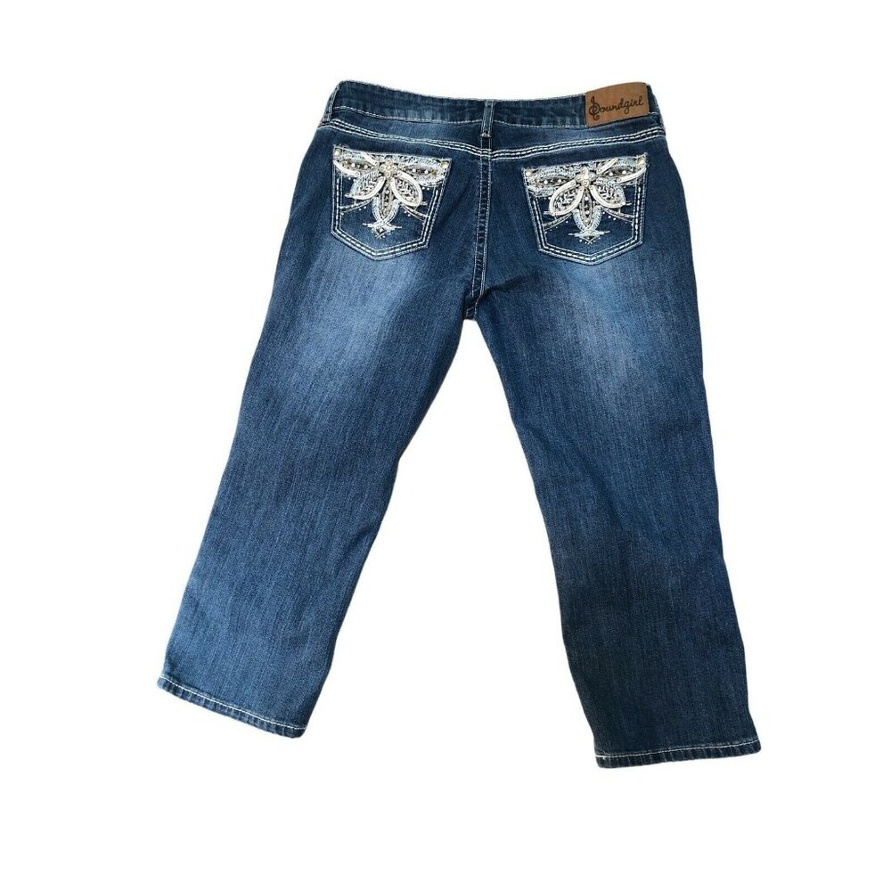 S-Curves by Soundgirl Denim Jean Capri Pants Womens 7/8 Bling Pockets Embroidery